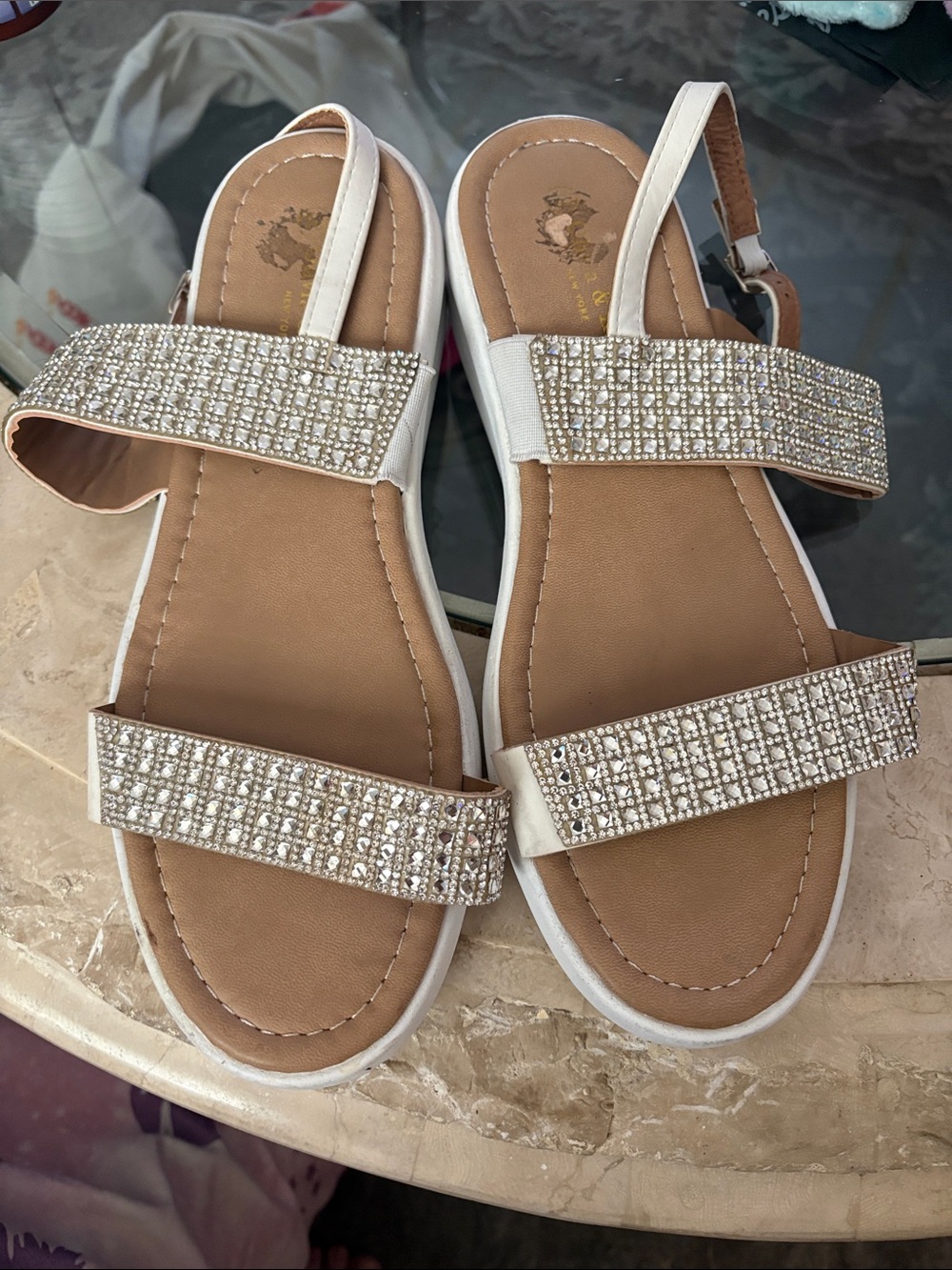 White Rhinestone Strap Women's Sandals by Olivia & Kate New York